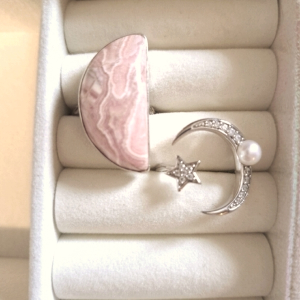 Sterling Silver Moon and Stars Ring & Rhodochrosite Stone Ring